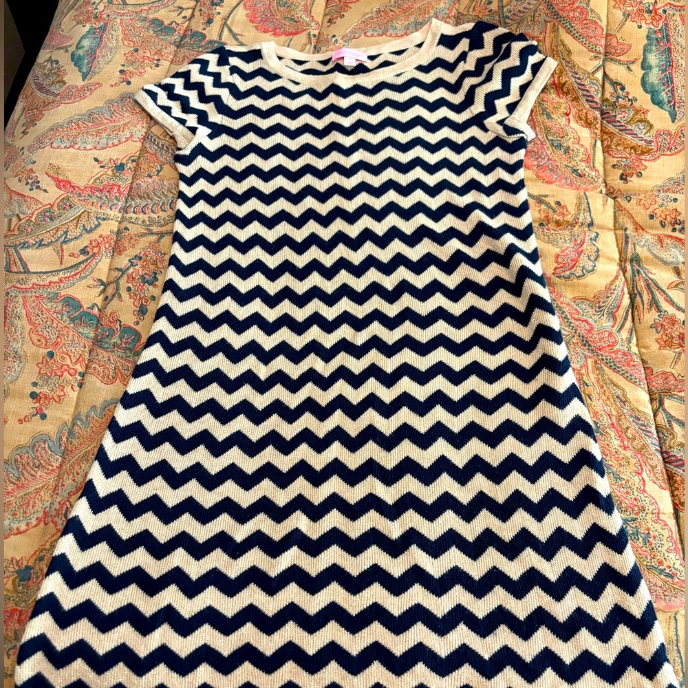 Lilly Pulitzer Santana Chevron Sweater Dress Navy Gold Sparkle Wool Size M - EUC